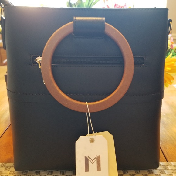 Melie Bianco Handbags - Black Bucket Back with Wood Handles